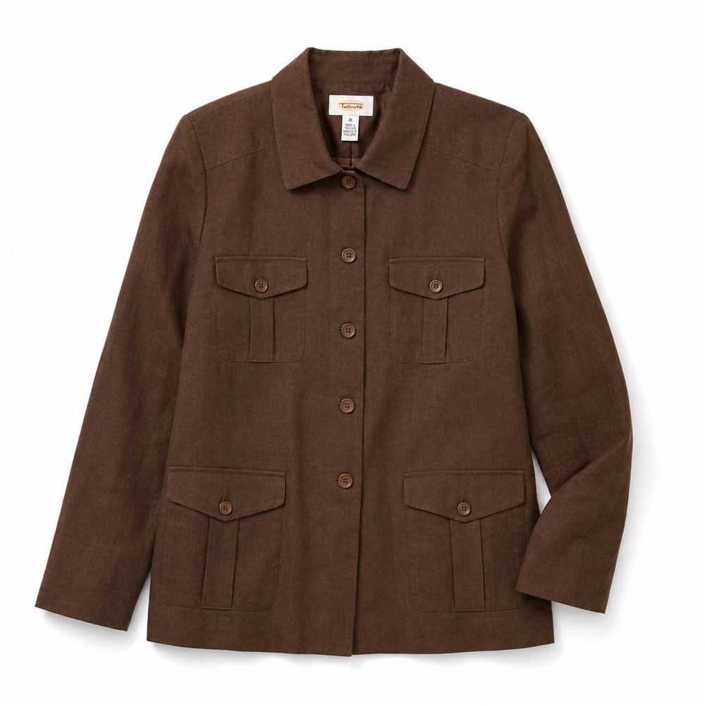 Talbots‎ Irish Linen Safari Field Jacket Womens 16 Chocolate Brown Utilty Blazer - Picture 2 of 11